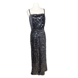 Vintage 70s Sequin Lurex Dress Size 13/14 Silver Maxi Formal Gown Prom Event